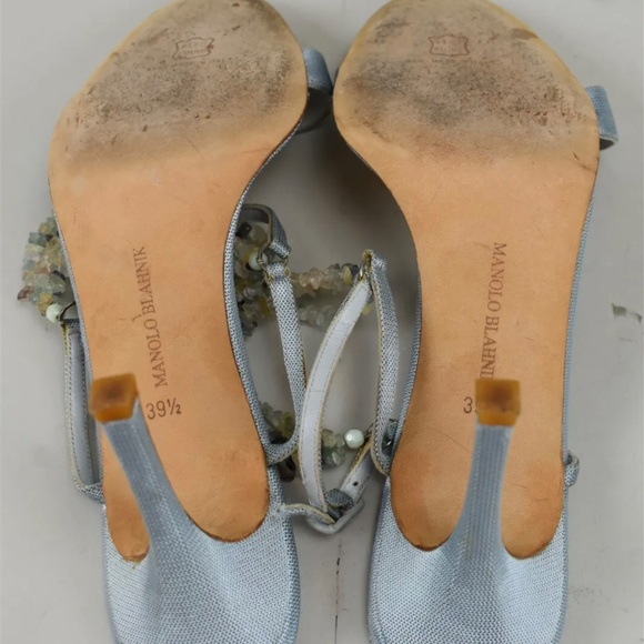 Manolo Blahnik Light Blue Silk Blend Sandals Stones Strap Heels Gems Size 39.5 - Picture 4 of 4